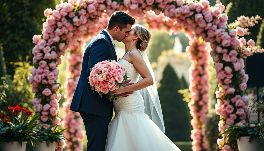 Playful pink wedding ideas with a couple under a floral arch.