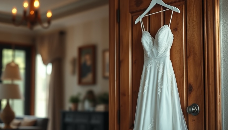 Elegant second dress for wedding reception hanging on door.