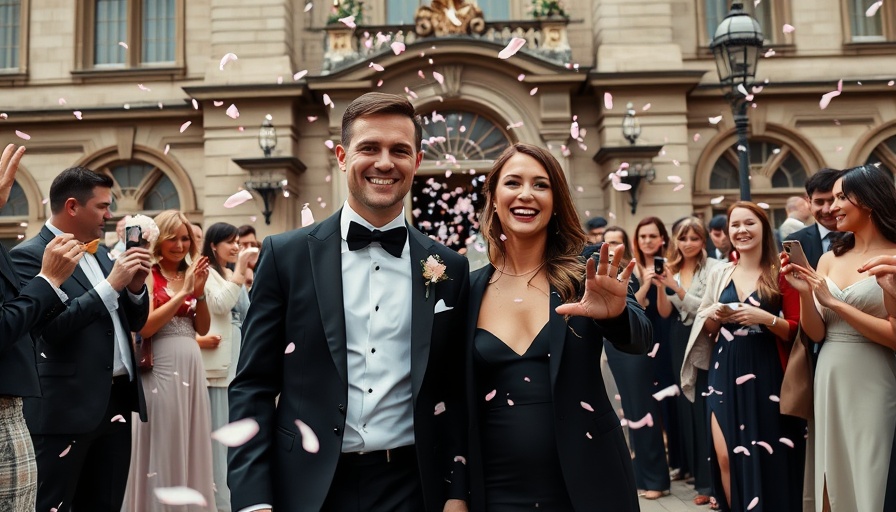 Joyful couple at Ireland black-tie wedding showered with petals.