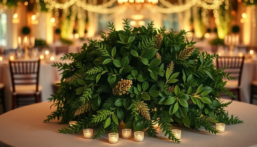 Forest-inspired wedding centerpiece with fairy lights and greenery.