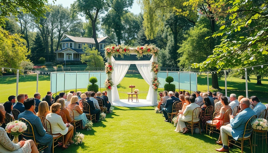 Aerial view of wedding ceremony with guest seating.