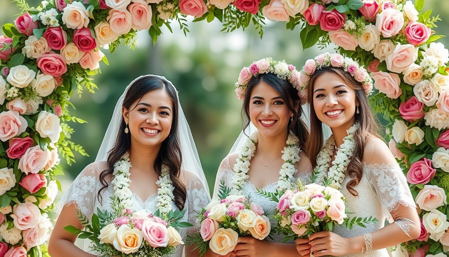 Joyful brides with floral arch, wedding vendors