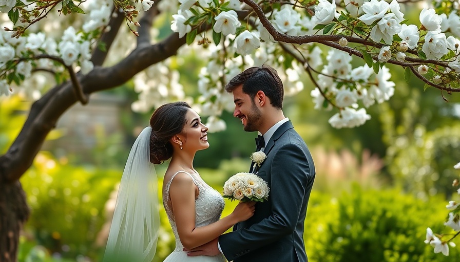 Bride and groom in serene garden wedding setting under blooming tree.