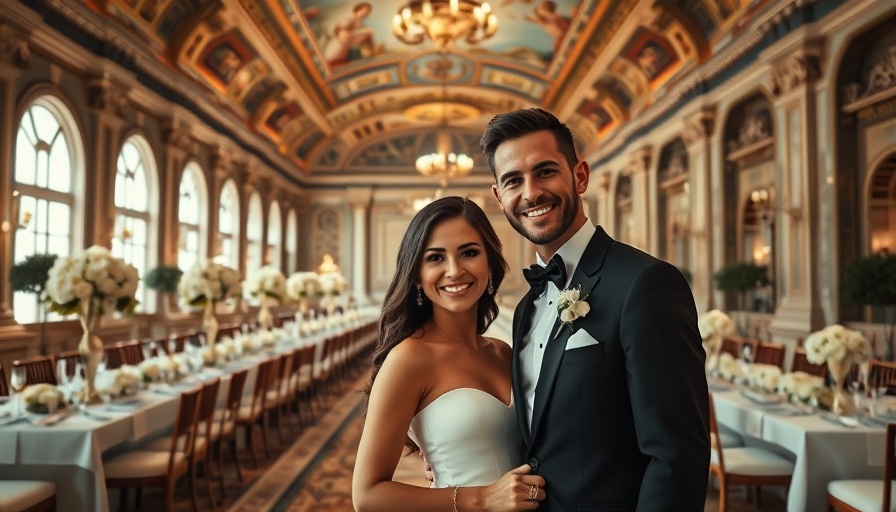 Elegant wedding venue with couple under ornate ceiling.
