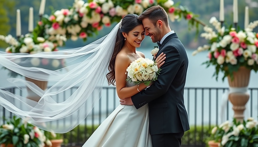 Enchanted conservatory wedding couple in lush floral setting.