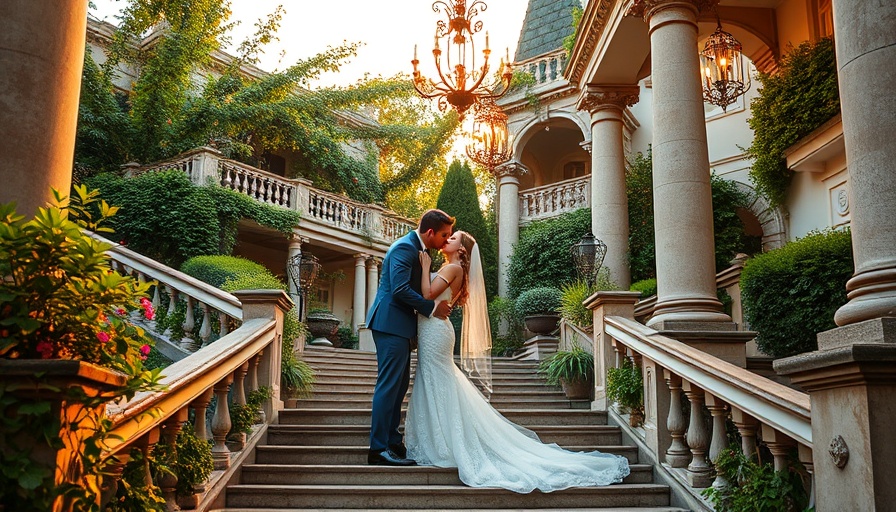 Intimate garden wedding venue with couple kissing, elegant setting.