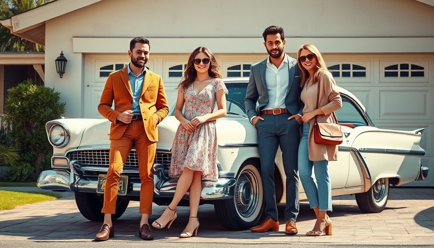 Mod family photo shoot in stylish fashion by vintage car.