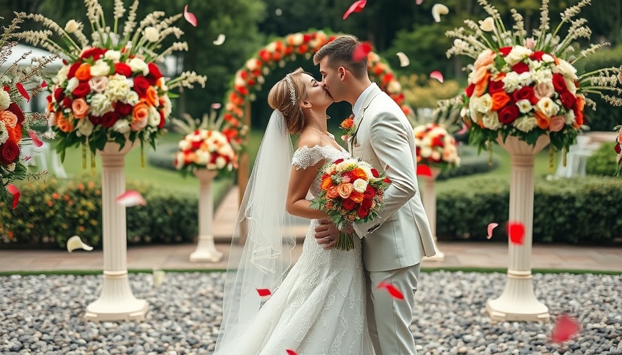 Joyful garden to manor wedding couple kissing amidst flowers.