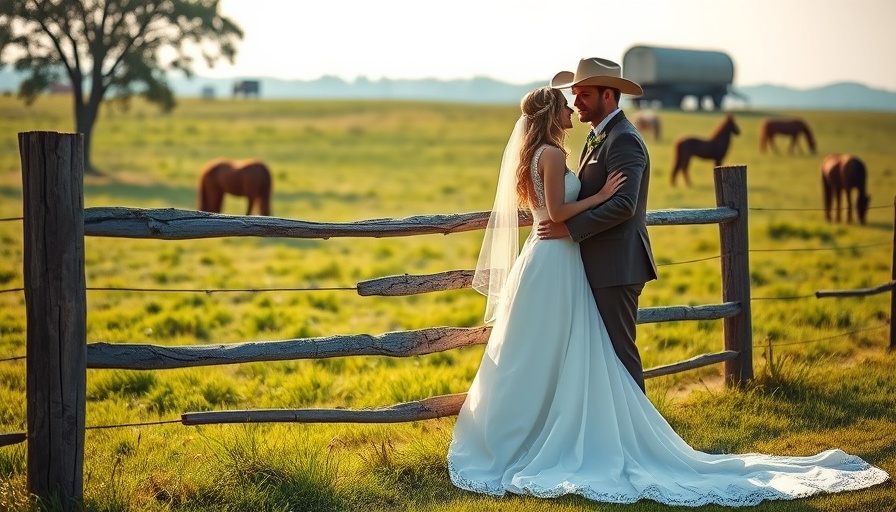 English countryside wedding inspiration with bride and groom by a field fence.