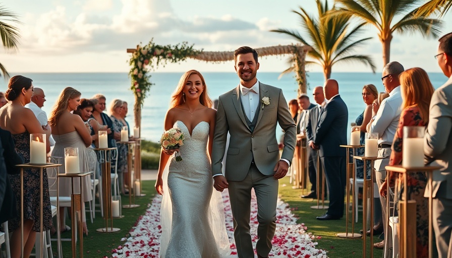 Couple at an outdoor wedding at Las Ventanas walking down the aisle.