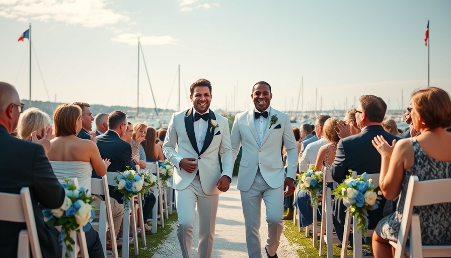 Elegant wedding at waterfront venue with happy couple.