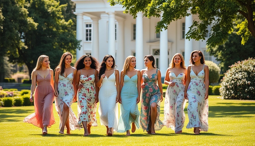 Elegant garden wedding venue, women in floral dresses on lush lawn.