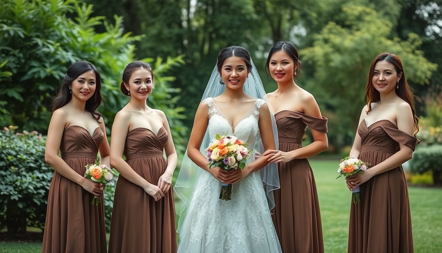 Elegant wedding decor with bridal party posing in garden setting.
