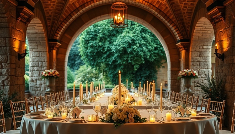 Elegant Italian wedding venue with stunning banquet table and arches.