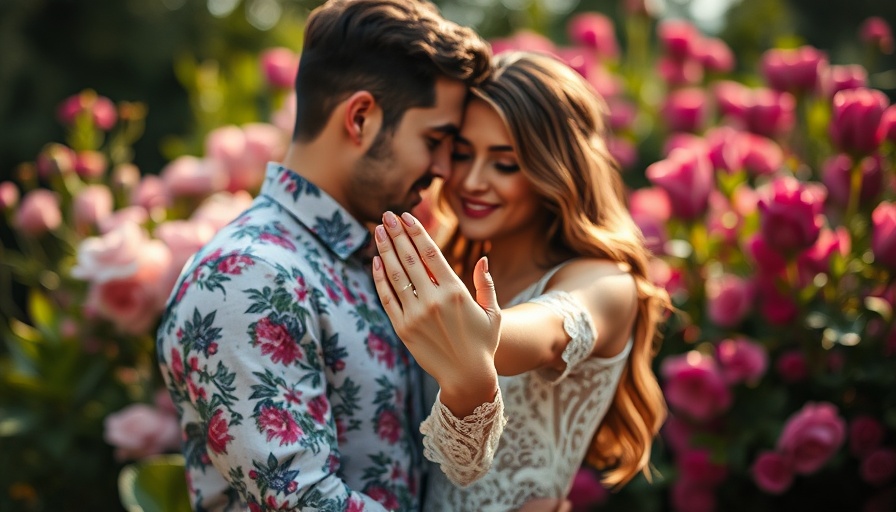 Couple embracing in garden with engagement ring.