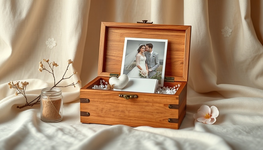 Elegant wedding keepsake box with wedding photo and decorations.