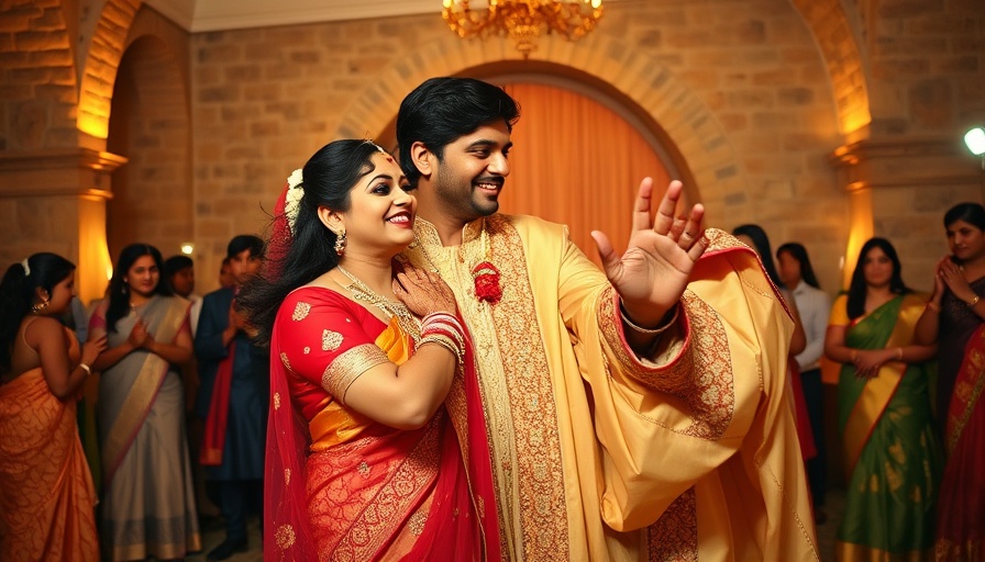Joyful Indian American wedding celebration with a dancing couple.
