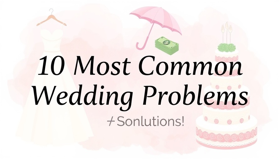 Common wedding problems illustration with dress, umbrella, and cake.