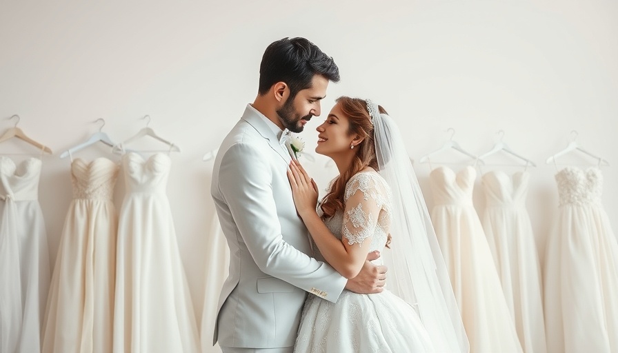 Romantic couple with elegant wedding dresses around them.