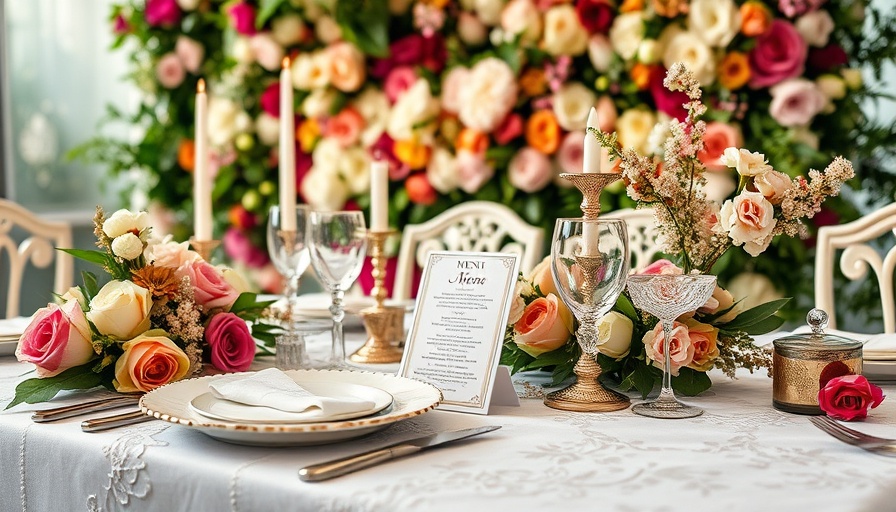 Floral filled wedding table setting with elegant details.