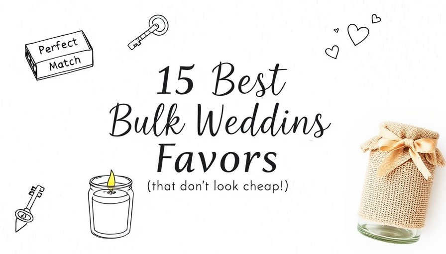 Wedding favors for guests in bulk with text overlay and doodles.