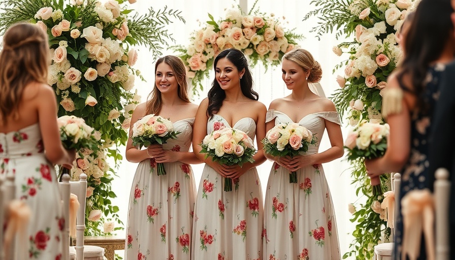 Bridesmaids in floral dresses at a wedding venue.