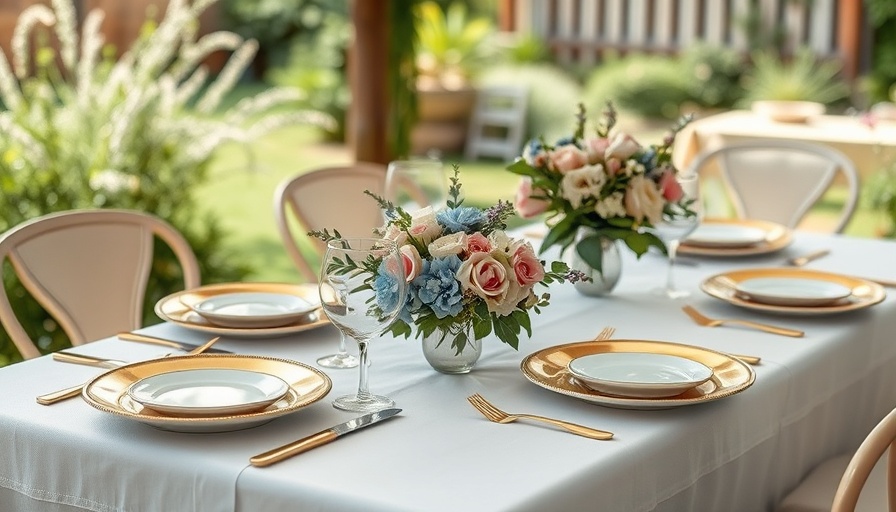 Elegant pastel plates and floral decor for outdoor wedding reception.