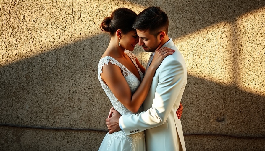 Southern spring wedding couple, elegant embrace in courtyard.