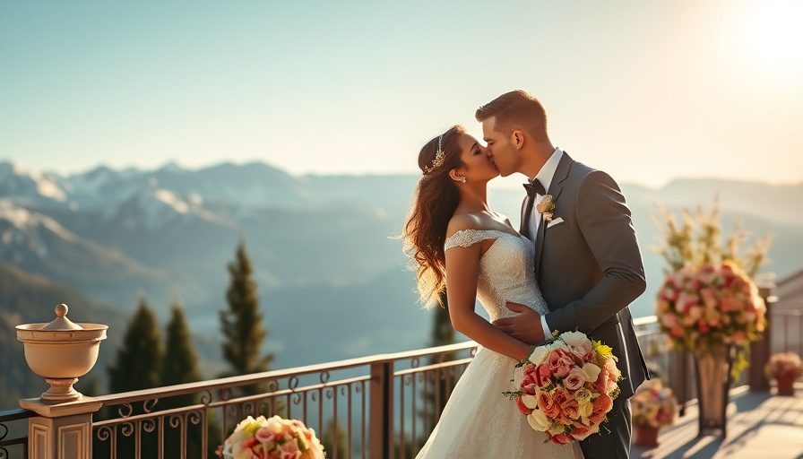 Romantic mountain wedding couple kissing, snowy backdrop.