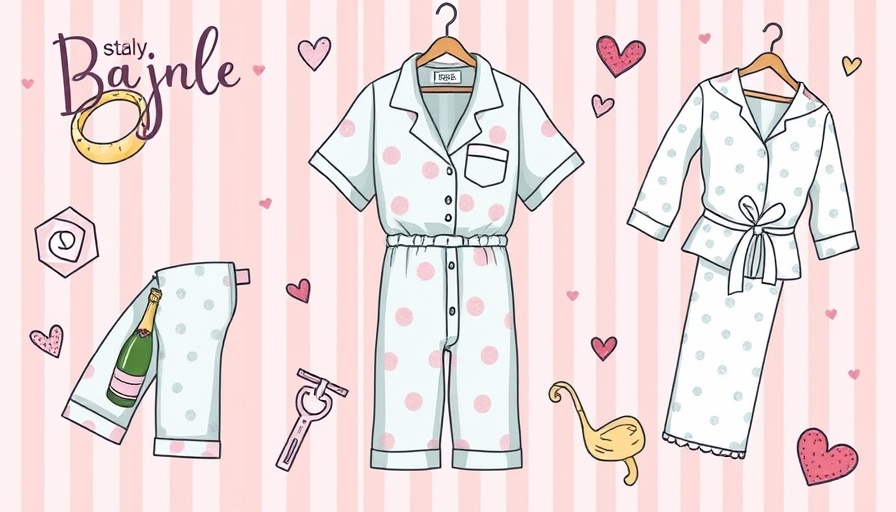 Charming collage of bride pajamas with wedding theme illustration.