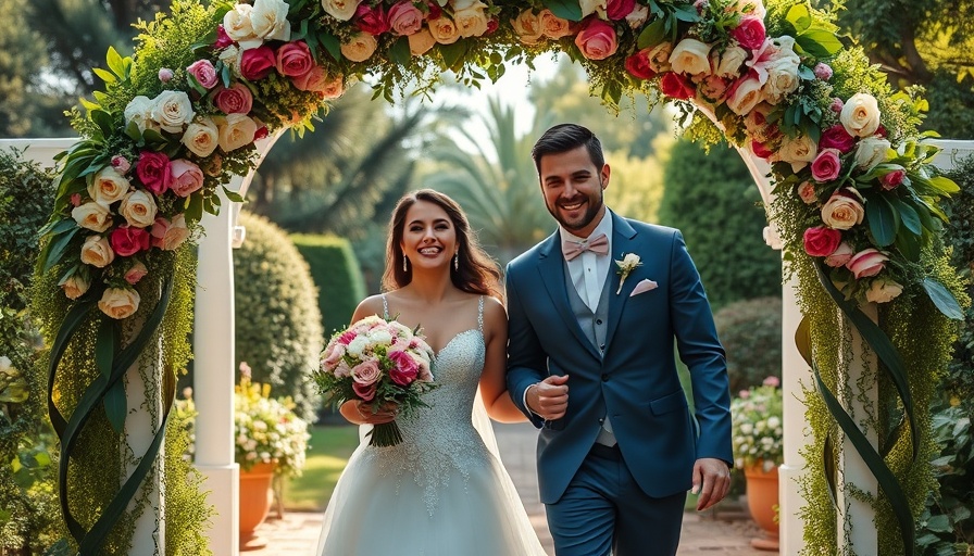 Beautiful wedding venue with floral archway and newlyweds.