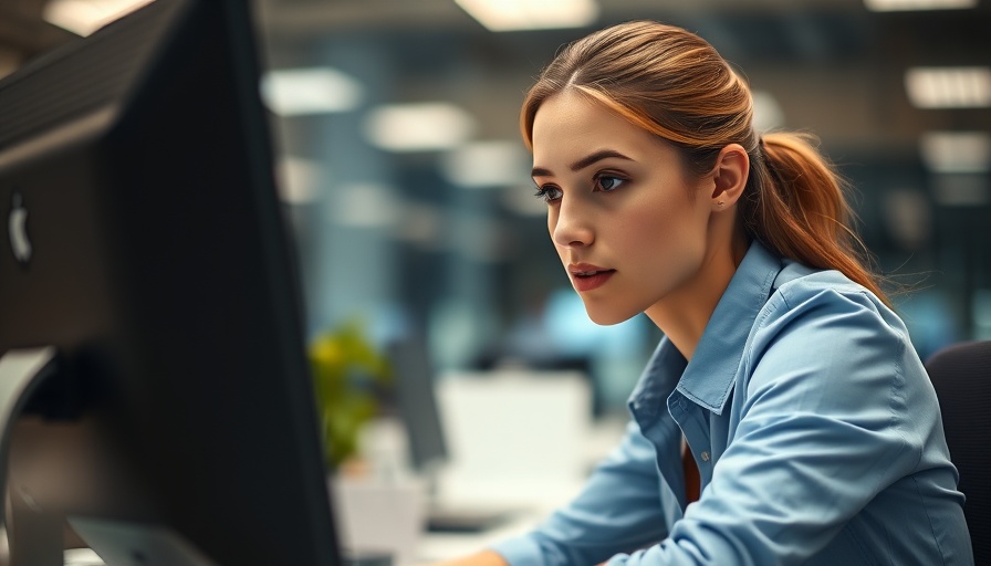 Focused young woman working at computer in office, illustrating fear of irrelevance among female leaders.