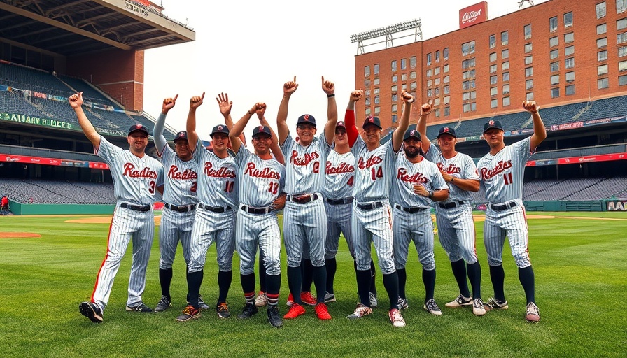 Shincheonji baseball team triumphs, posing with victory banner on lush field.