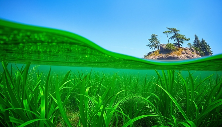 Restored seagrass and island landscape under clear sky, seagrass restoration climate change