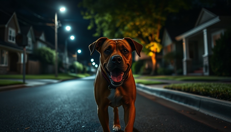 Hero dog leading in dimly lit neighborhood street.