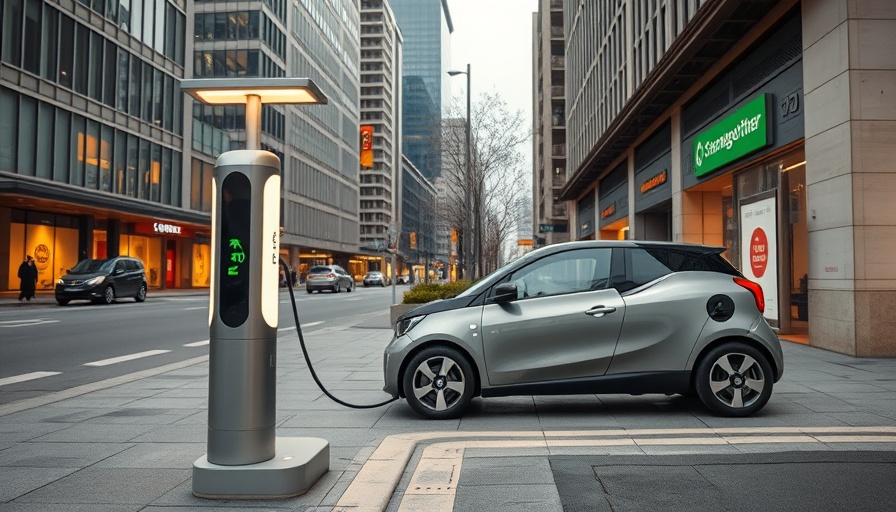 Electric car using streetlight as EV charging station in city.