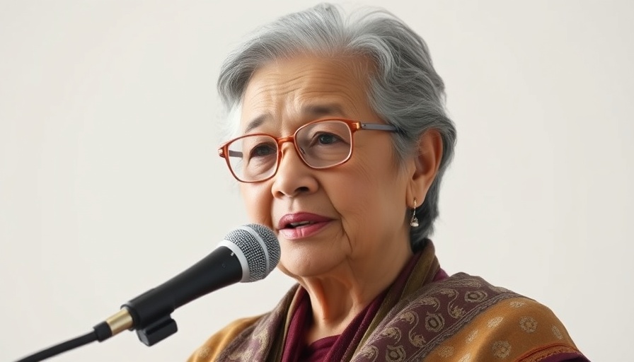 Elderly woman discussing workplace mental health strategies on a microphone.
