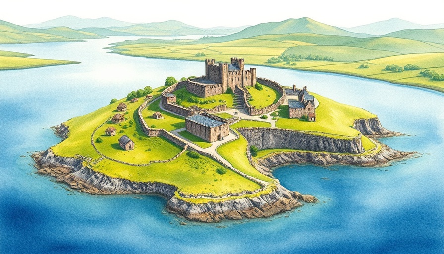Historical watercolor of Finlaggan Castle island settlement