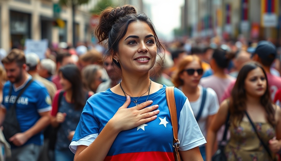 Venezuelan woman in crowd, hand on heart, hopeful expression.