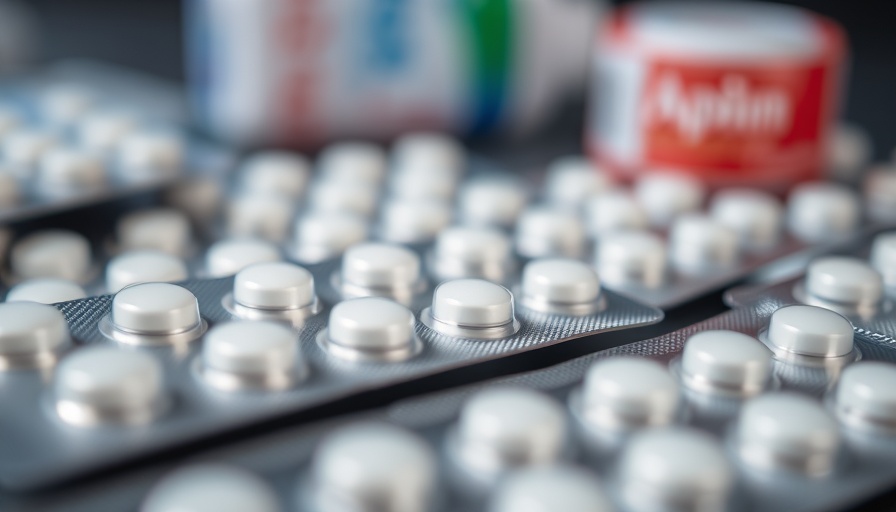 Aspirin packaging close-up, related to low-dose aspirin colorectal cancer recurrence.