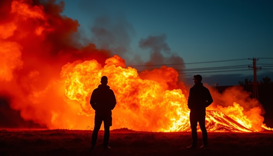 Massive fire blaze at night with silhouetted figures watching, highlighting decline in fire deaths since 1980.