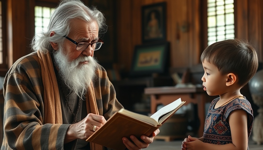 Elder shares wisdom with child in traditional setting, preserving the knowledge of elders.