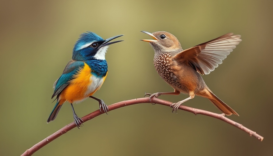 Vibrant birds in alarm call communication on a branch in nature.