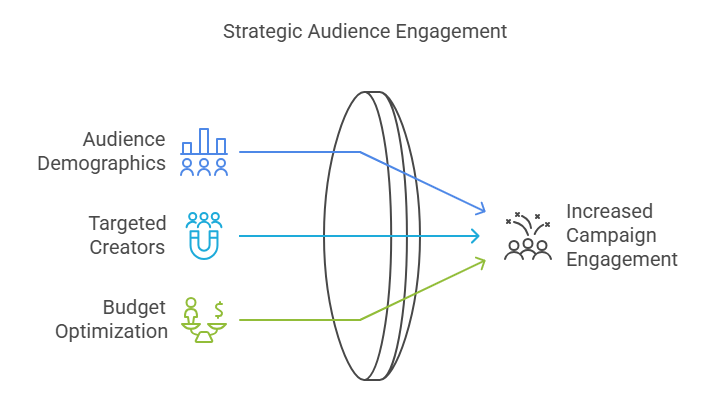 Diagram showing Strategic Audience Engagement through Audience Demographics, Targeted Creators, and Budget Optimization leading to Increased Campaign Engagement