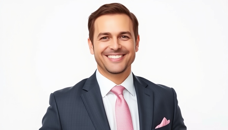 Smiling man in a suit and pink tie, Photorealistic, plain background.