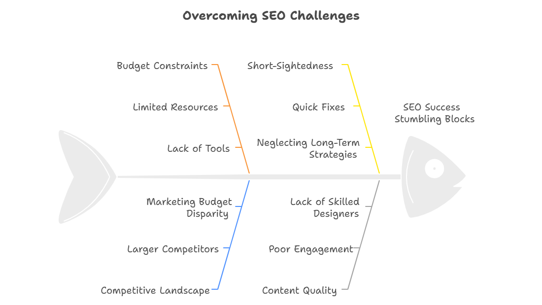 Overcoming SEO Challenges" illustrating SEO success stumbling blocks such as budget constraints, short-sightedness, competitive landscape, and content quality, with specific issues branching from each category