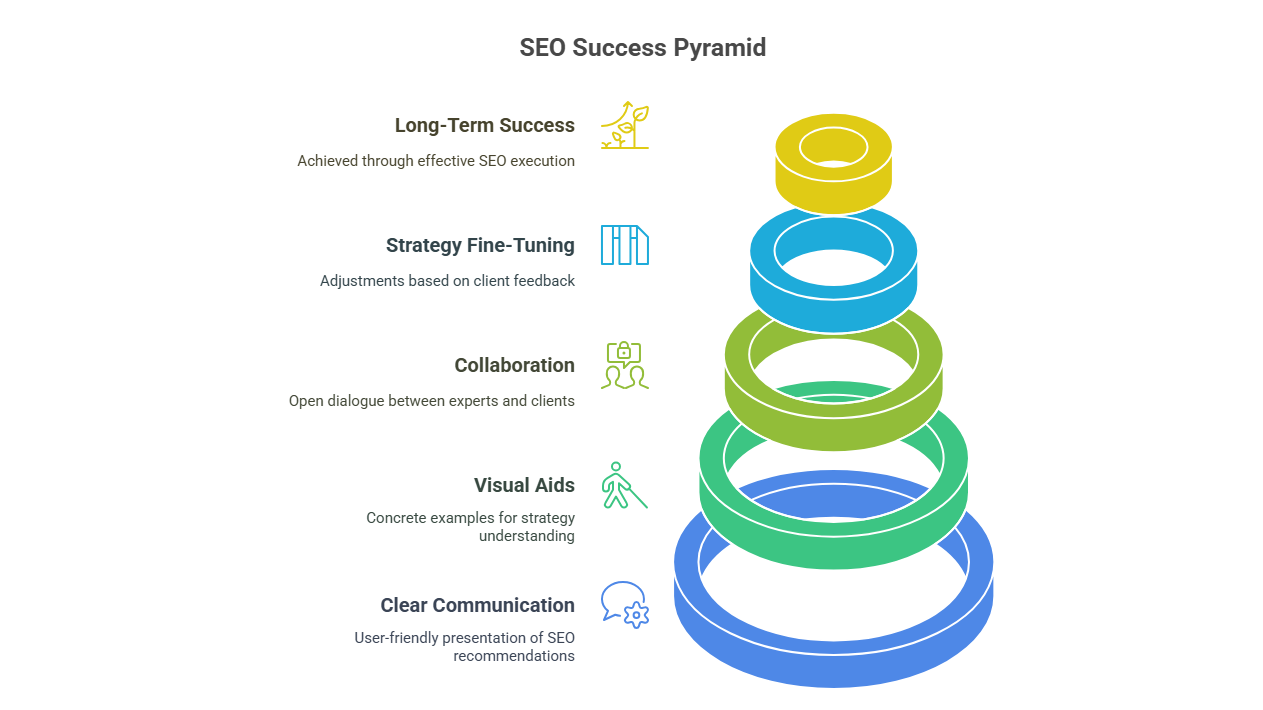 SEO Success Pyramid illustrating key steps: Clear Communication, Visual Aids, Collaboration, Strategy Fine-Tuning, and Long-Term Success