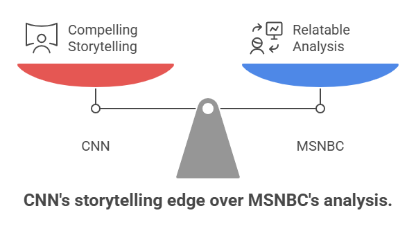 CNN and MSNBC compared on a scale; CNN leans toward compelling storytelling, MSNBC toward relatable analysis
