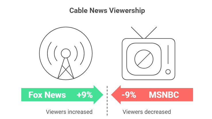 Cable News Viewership: Fox News viewership increased by 9%, MSNBC viewership decreased by 9%