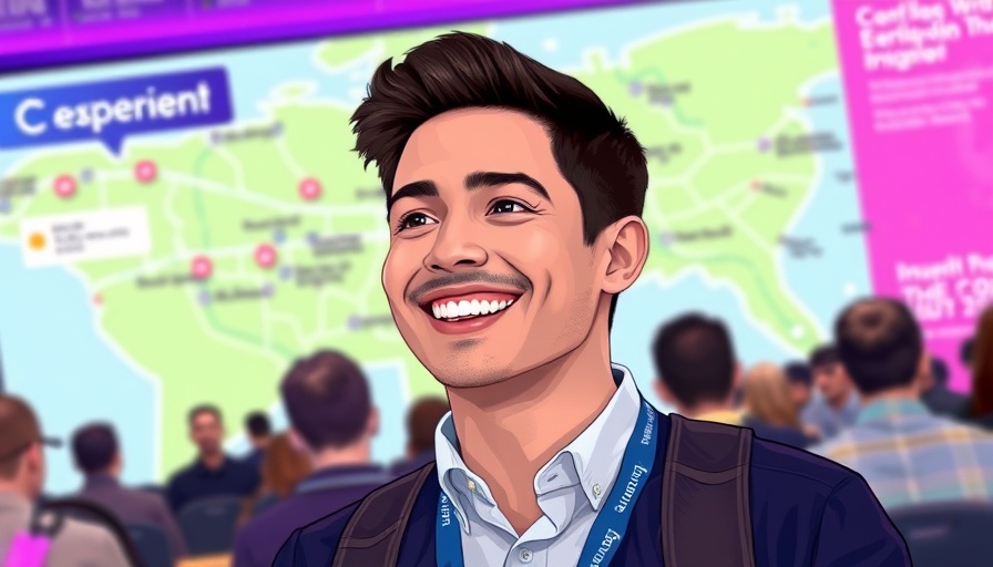 Integrated Strategy for Brand Visibility: Smiling attendee with event map.